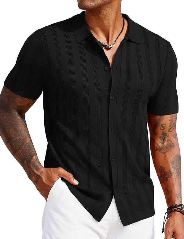 COOFANDY Men's Knit Polo Shirt Vintage Button Down Shirt Short Sleeve Hawaiian Shirt 2025 Summer ... | Amazon (US)