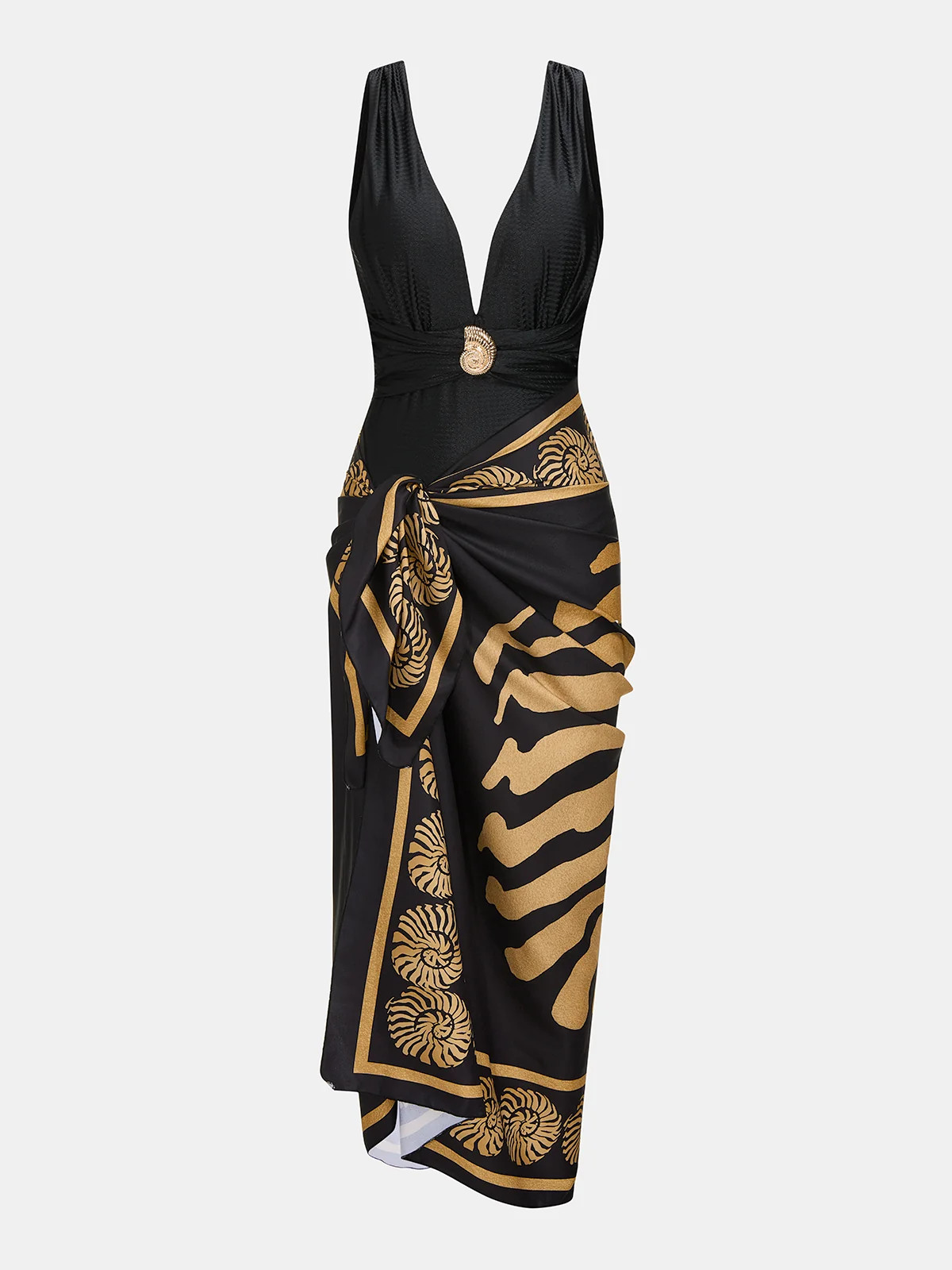 Deep V One Piece Swimsuit & Printed Sarong Set | Commense