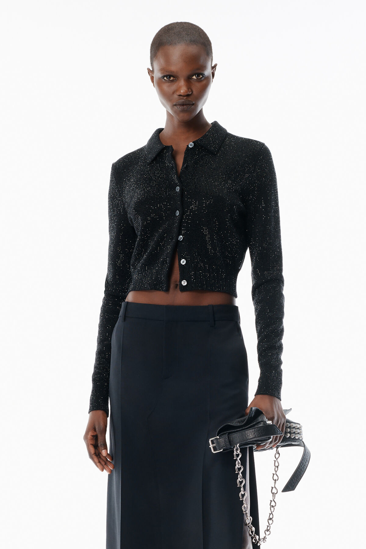 Black Wool-Blend Hotfix Polo Cardigan | Alexander Wang US