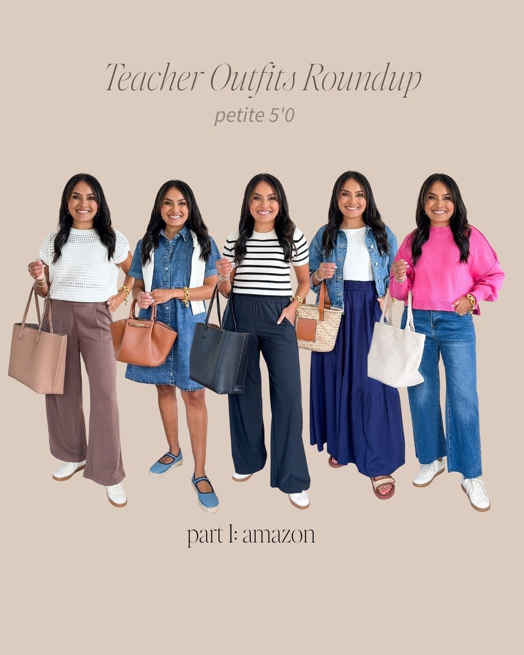 Teacher & Office Casual Outfits Part 1 - Amazon!
For reference: I’m 5’0, 32b bra size, and 2/26 in bottoms, pear shaped. 
*Everything I share is unaltered! TTS means true to size.

White crochet sweater size small TTS
Pull on stretchy pants in color Nutria size xs in the 27” inseam - TTS
Sneakers size 6 TTS color ecru mesh 

Denim dress size xs TTS
Cardigan size xs petite TTS 
Blue mary jane flats size 5 TTS ( I have a little room in the heel so I tightened the strap for a better fit)!

Denim jacket size xs petite TTS
White tank size xs TTS
Navy maxi skirt size small - TTS, I rolled down the waistband once for a shorter length
Brown sandals size 5 TTS

Stripe sweater size xs TTS
Black pull on stretchy waistband pants size xs TTS
Sneakers size 6 TTS color ecru mesh 

Pink sweater size xs TTS
Jeans - wearing a size 6 here (I went with this size based off the sizing chart) I have room in the waist and could have sized down to a 4!
Sneakers size 6 TTS color ecru mesh 


Teacher outfits
Back to school
Office casual
Smart casual 
Fall outfit ideas
Casual style
Pull on pants
Petite outfits
Summer outfit ideas
Wear to work
Rachel Miranda Blog
Honeysweetpetite
Honey Sweet Petite


Comment SHOP below to receive a DM with the link to this post on my LTK ⬇ https://liketk.it/5k57H #ltkworkwear #ltkfindsunder100 #ltkpetite

Comment SHOP below to receive a DM with the link to this post on my LTK ⬇ https://liketk.it/5klRz #ltkstyletip #ltkworkwear #ltkpetite

#LTKStyleTip #LTKPetite #LTKSaleAlert