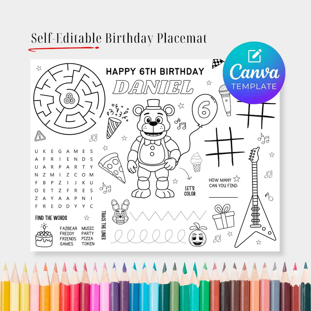 Editable Five Nights Freddy Birthday Activity Placemat for Kids – Birthday Table Decor – FNAF... | Etsy (US)