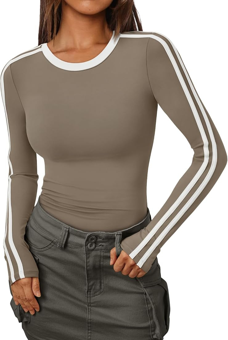 Trendy Queen Long Sleeve Workout Tops for Women Y2K Fitted Athletic Gym Shirt Trendy Color Block ... | Amazon (US)