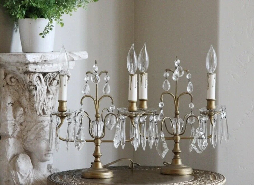 Pair Antique French Crystal Girandole Table Lamps Beautiful Boudoir Lamps | Etsy (US)