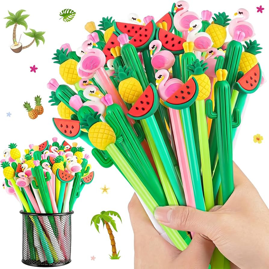 30Pcs Hawaiian Luau Ballpoint Pens, 0.5 mm Black Gel Ink Pen, Cute Flamingo Watermelon Cactus Pin... | Amazon (US)