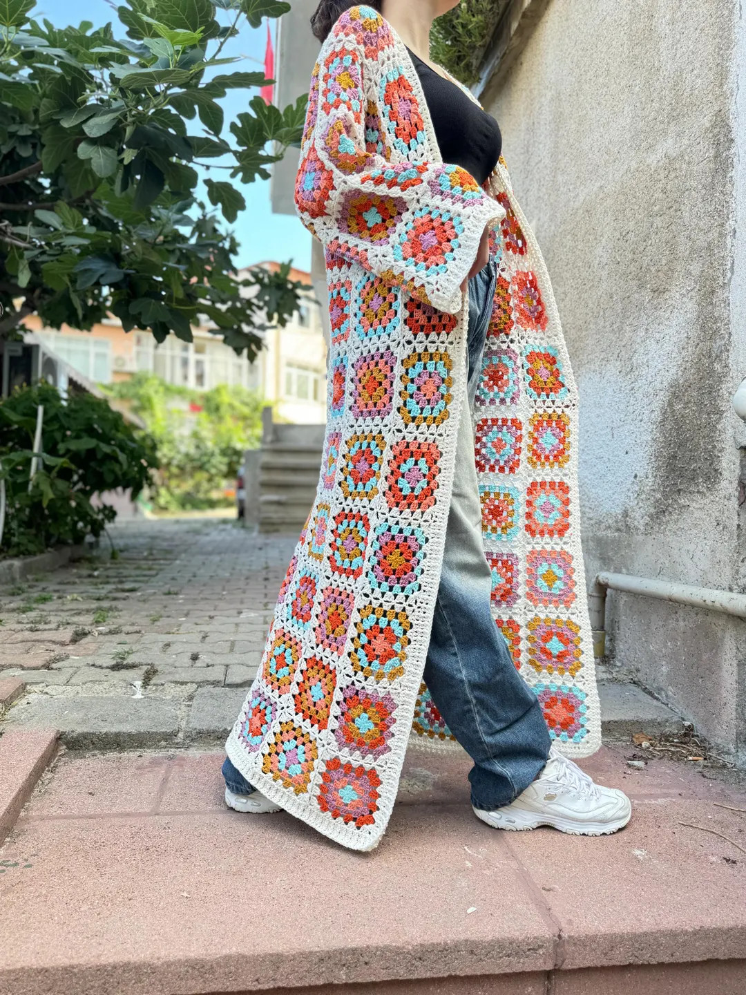 Long Square Blanket Cardigan, Cotton Crochet Duster, Colorful Festival Jacket, Vintage style Retr... | Etsy (US)