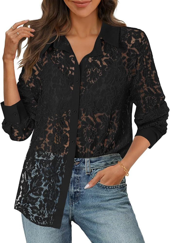 MEROKEETY Women's Lace Long Sleeve Tops Dressy Casual Blouse Button Down Sheer Elegant Summer Shi... | Amazon (US)