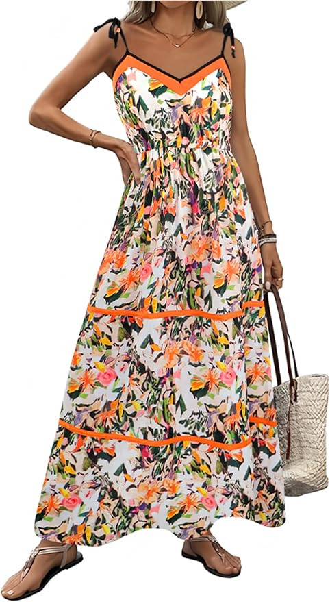 Angashion Women's Summer Boho Dresses Spaghetti Strap Floral Print V Neck Ruffle A Line Bohemian ... | Amazon (US)