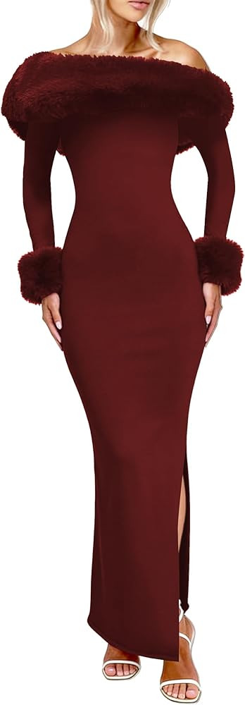 Off The Shoulder Faux Fur Prom Dresses Long Sleeve Bodycon Maxi Christmas Formal Cocktail Dress | Amazon (US)