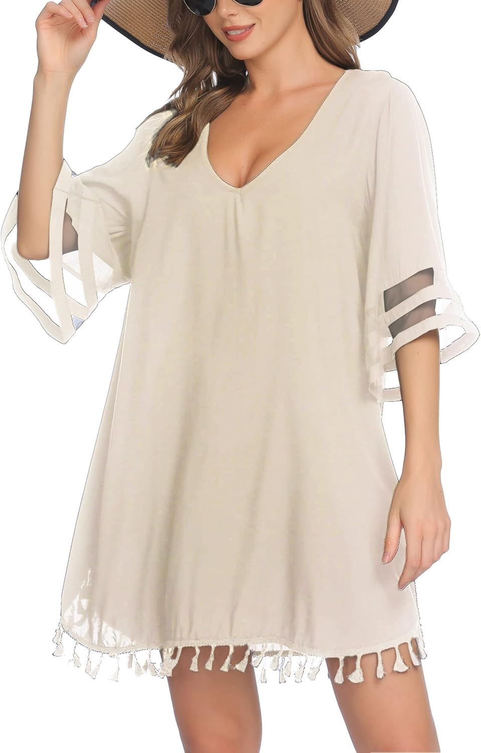 Ekouaer Women's Tassel Swim Cover Ups V-Neck Loose Bathing Suit Dress for Beach Swimwear S-XXL | Amazon (US)