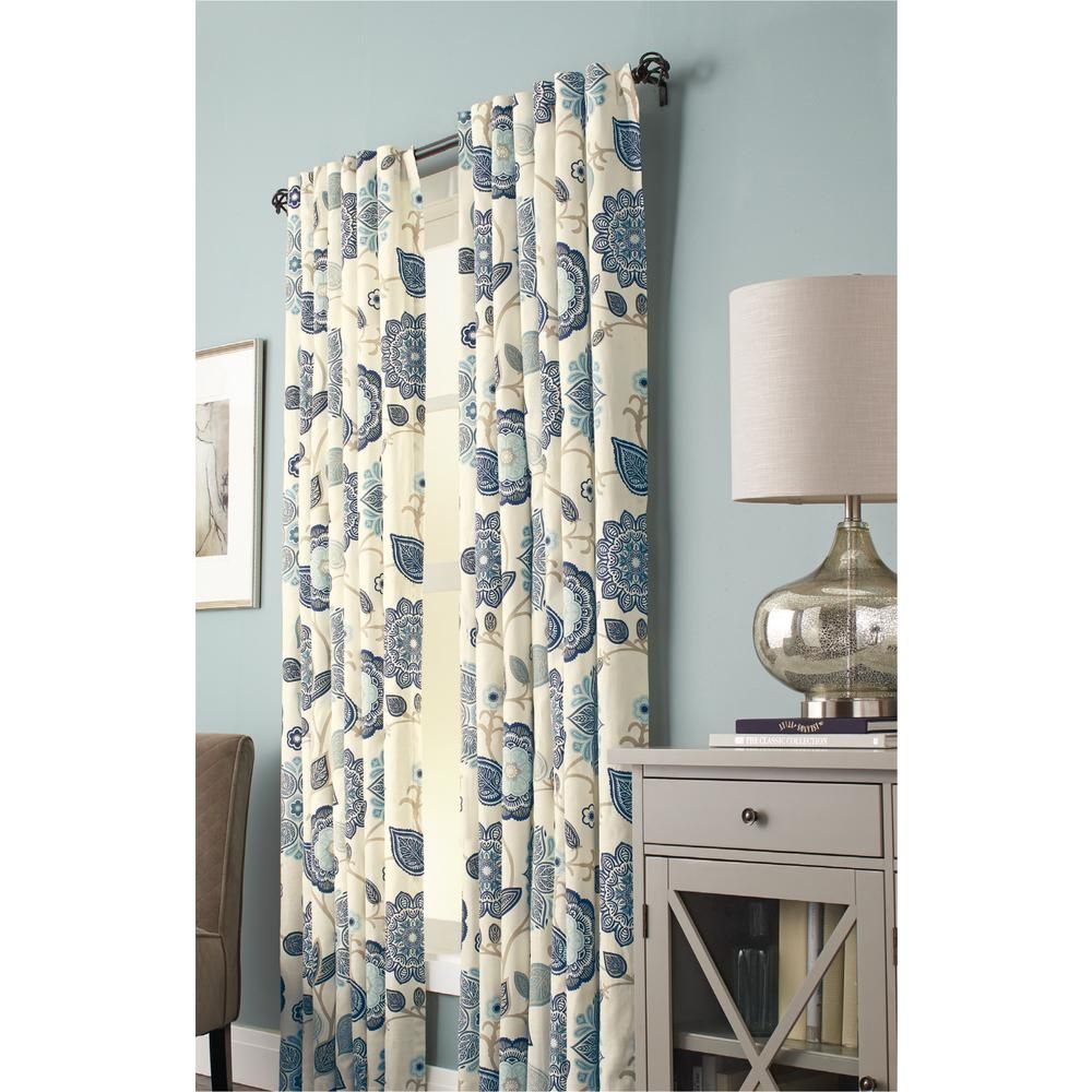 Floral Cottage 50 in. W x 84 in. L Light Filtering Window Panel in Indigo | The Home Depot
