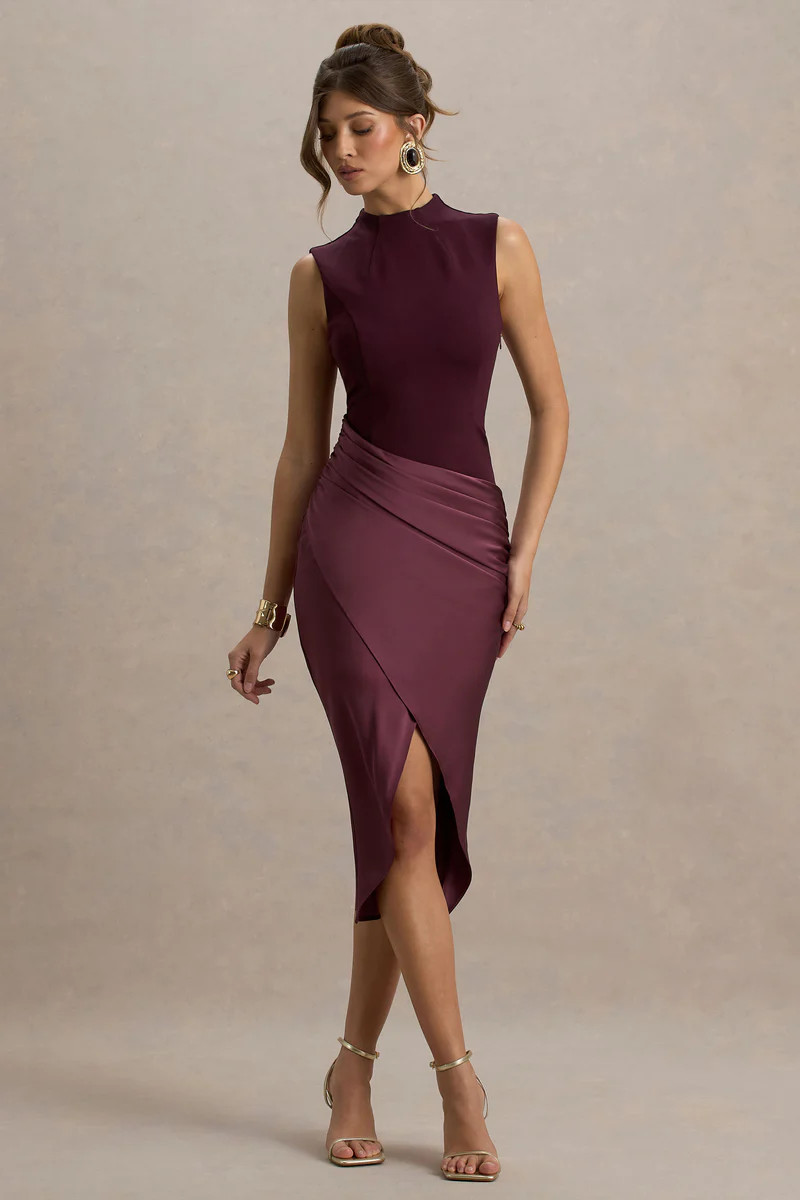 All Yours | Dark Cherry Satin High-Neck Wrap Midi Dress | Club L London
