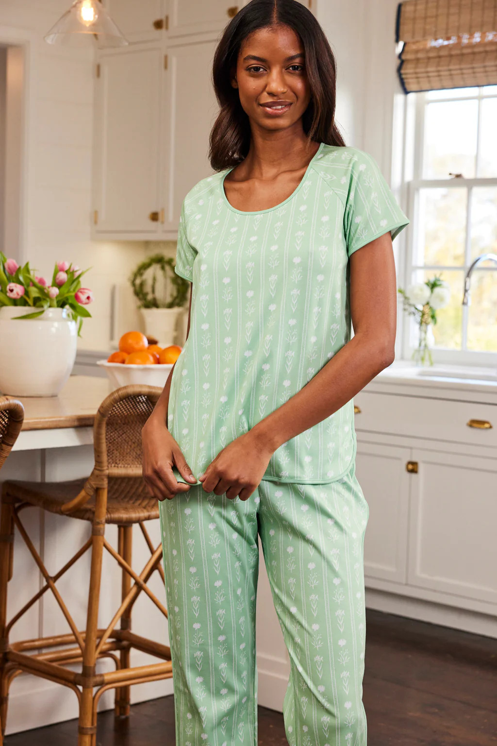 Pima Short-Long Set in Parisian Green Watercolor Stems | Lake Pajamas