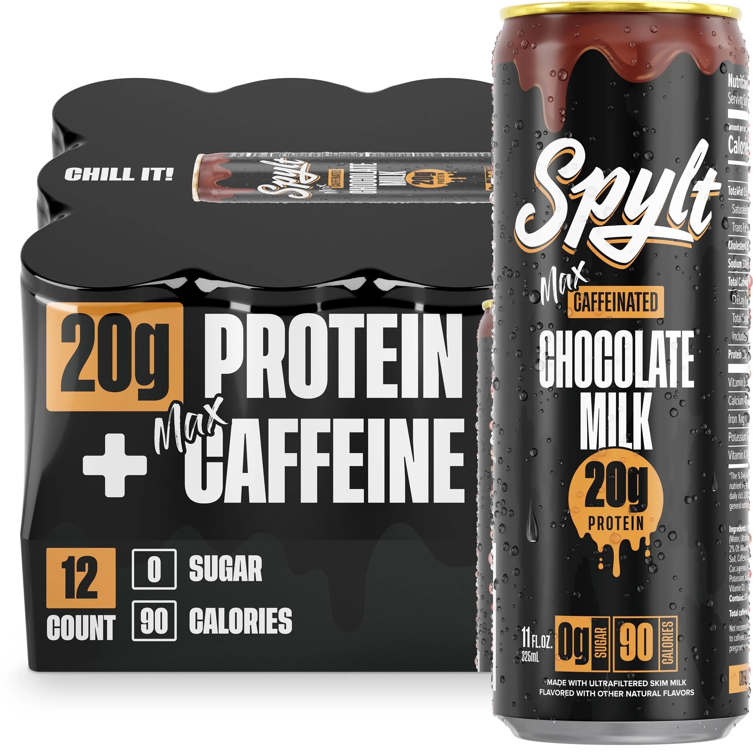 SPYLT High Protein Milk, MAX Chocolate, 20g Protein, 140mg Caffeine, Sugar Free, 11 fl oz, 12 Can... | Walmart (US)