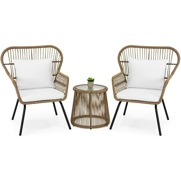Barton 3 Pieces Outdoor Patio Wicker Chat Conversation Bistro Set (2) Chairs and Side Table, Beig... | Walmart (US)