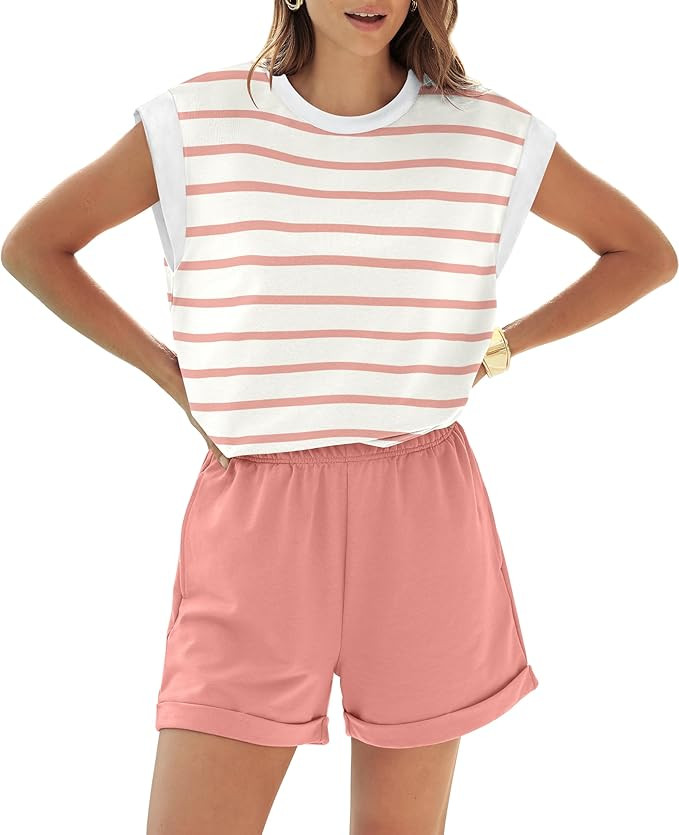 2 Piece Outfits for Women Lightweight Matching Lounge Sets Cap Sleeve Top and Elastic Waisted Sho... | Amazon (US)