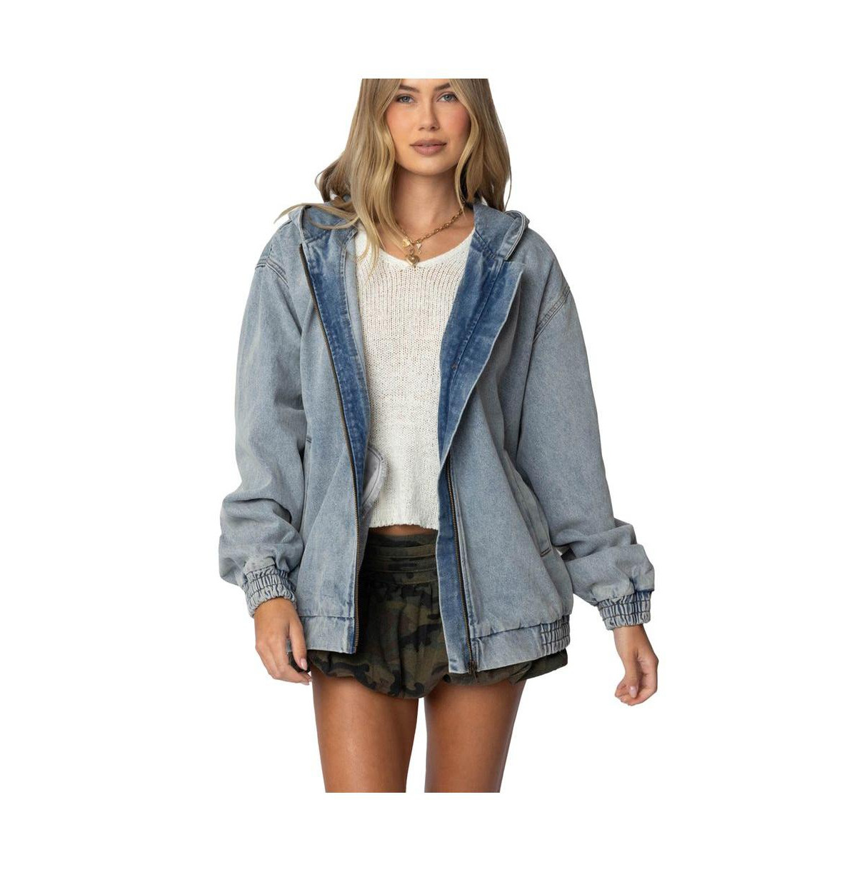 Edikted Womens Hooded Vintage Washed Denim Bomber Jacket - Light-blue | Macy's