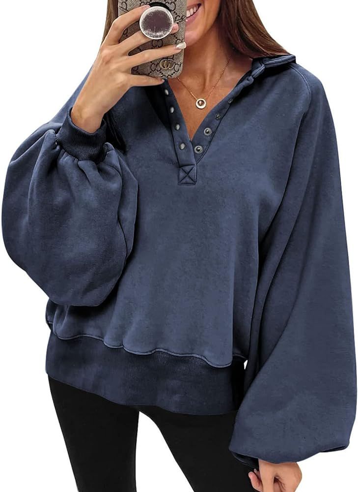 Womens 2023 Fashion Oversized Loose Lantern Sleeve Button Collar Pullover Sweatshirts Tops | Amazon (US)