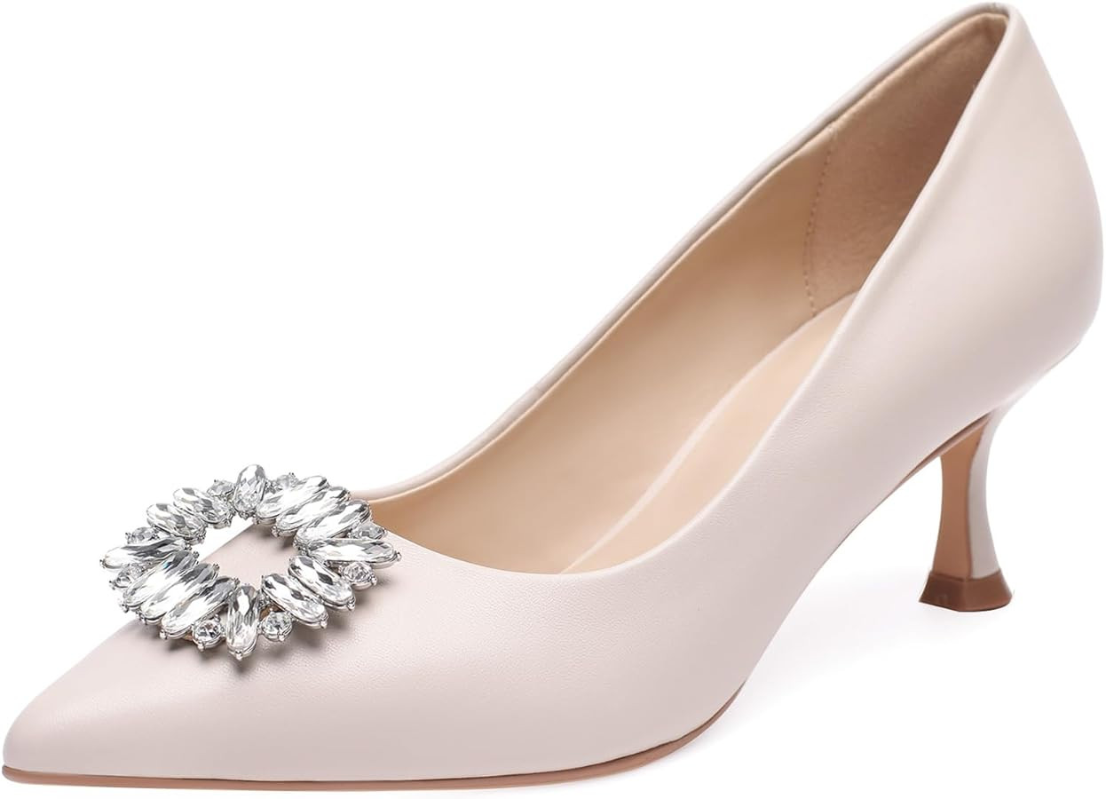 Women's Comfortable Leather Pumps with Rhinestones Pointy Toe Kitten Heel for Office Attire Dress... | Amazon (US)