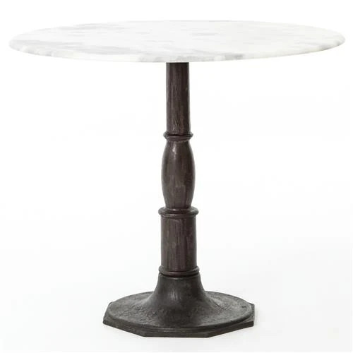 Hervey French White Marble Dark Grey Iron Pedestal Dining Table - 36" | Kathy Kuo Home