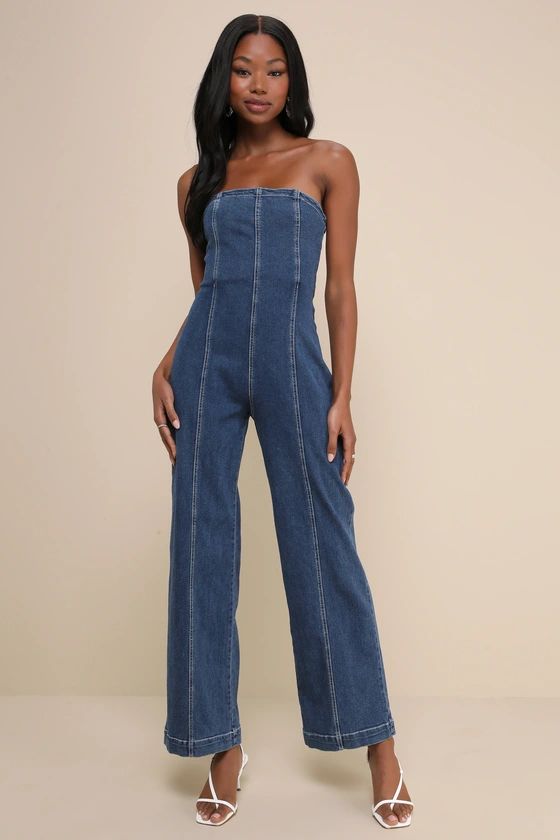 Pretty Iconic Medium Wash Denim Strapless Wide-Leg Jumpsuit | Lulus