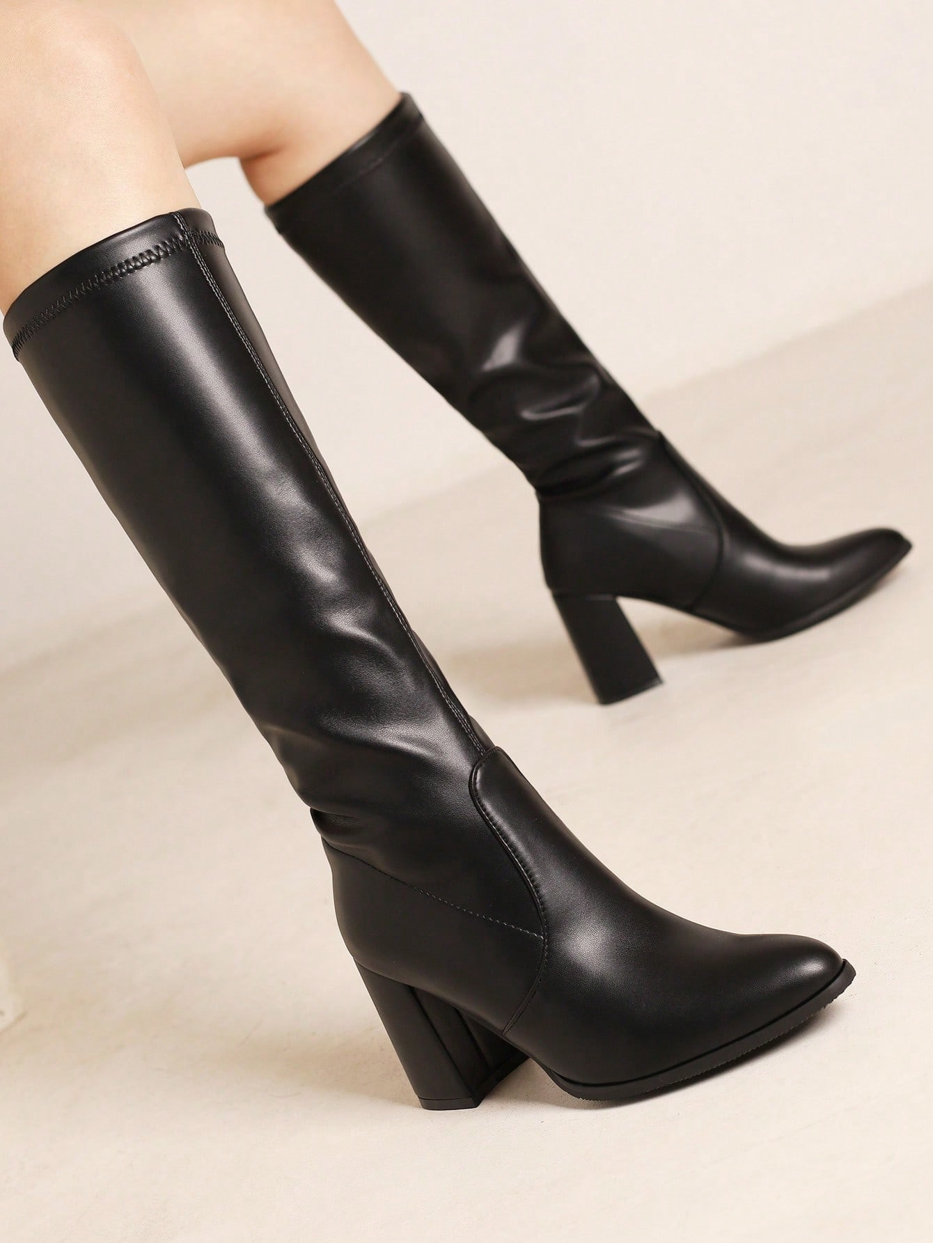 Autumn Winter Elastic Tight Boots With High Heels For Women, Black Pu Leather | SHEIN