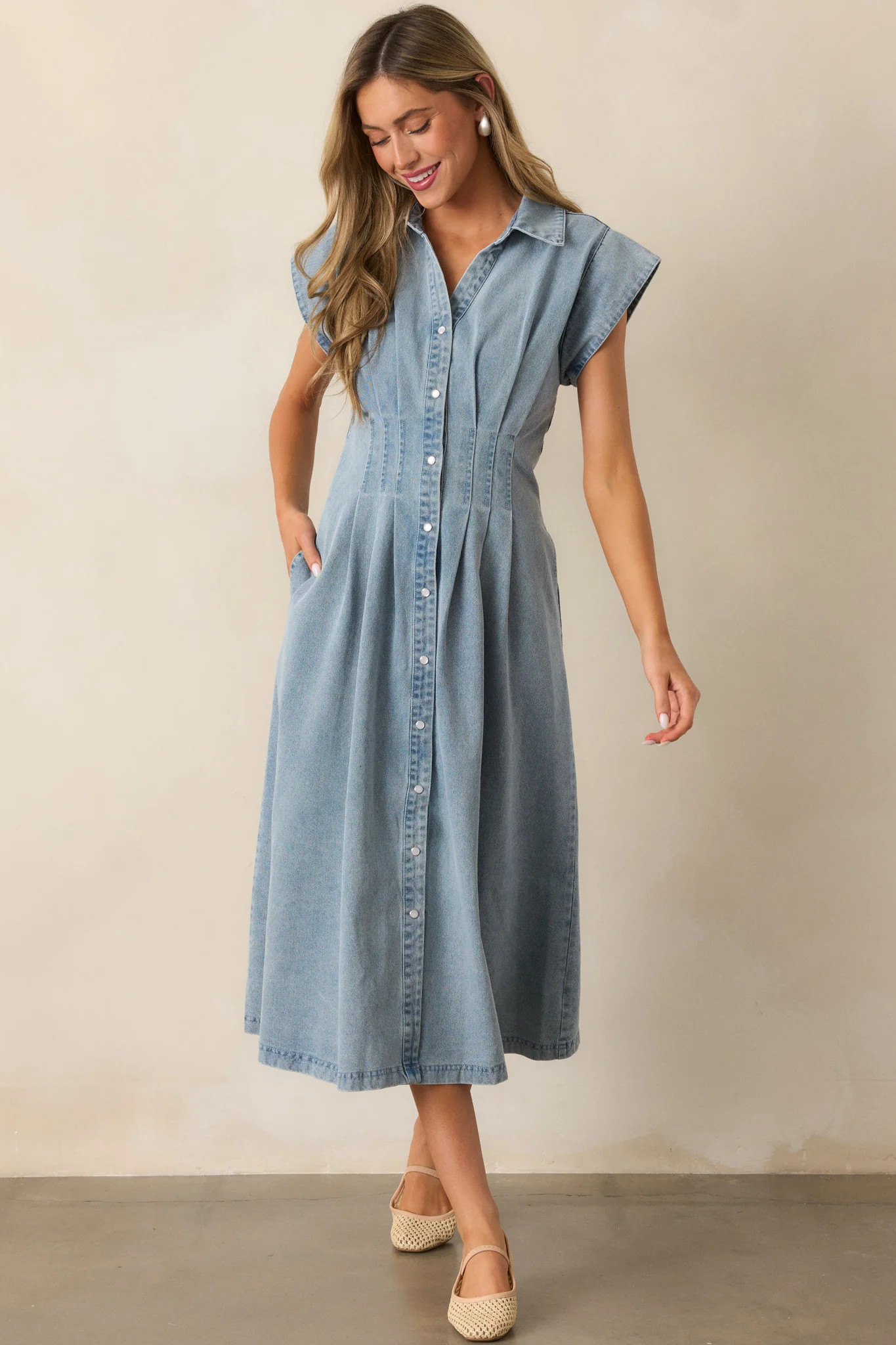 Classic Tea Party Light Wash Denim Button Front Pleated Midi Dress | Red Dress