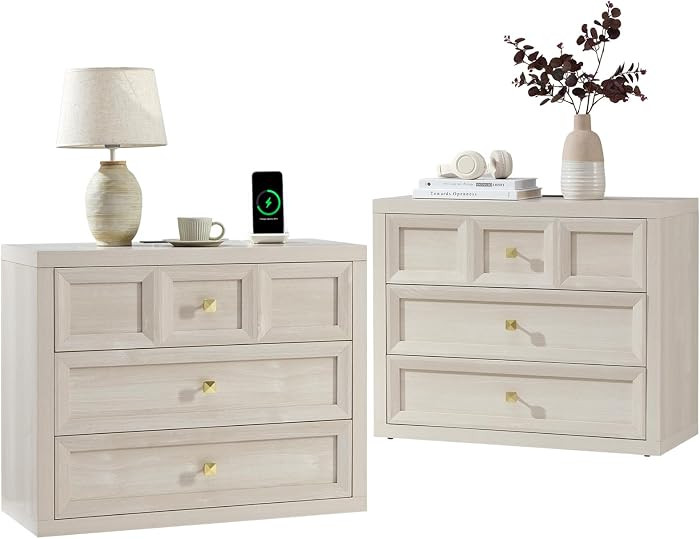 Nightstand Set of 2 W/Charging Station, 30.7" W King Size Bedside Table with 3 Drawers, Accent En... | Amazon (US)