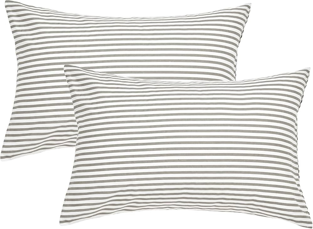 JELLYMONI 100% Natural Cotton Striped Pillowcases Set, 2 Pack White and Grey Stripes Pattern Printed Pillow Covers with Envelope Closure(Pillows are not Included)(King(20×36inches)) | Amazon (US)