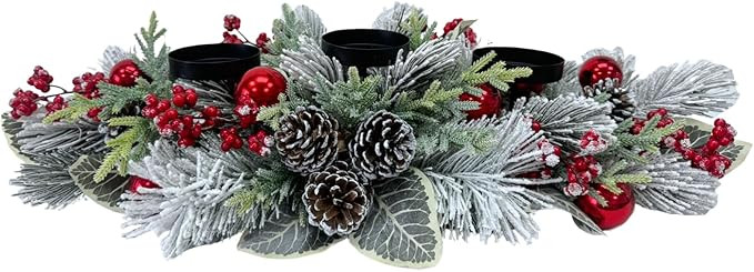 Christmas Candle Holder 3 Candle Holders Xmas Table Centerpiece with Snow Flocked Pine Branches,P... | Amazon (US)
