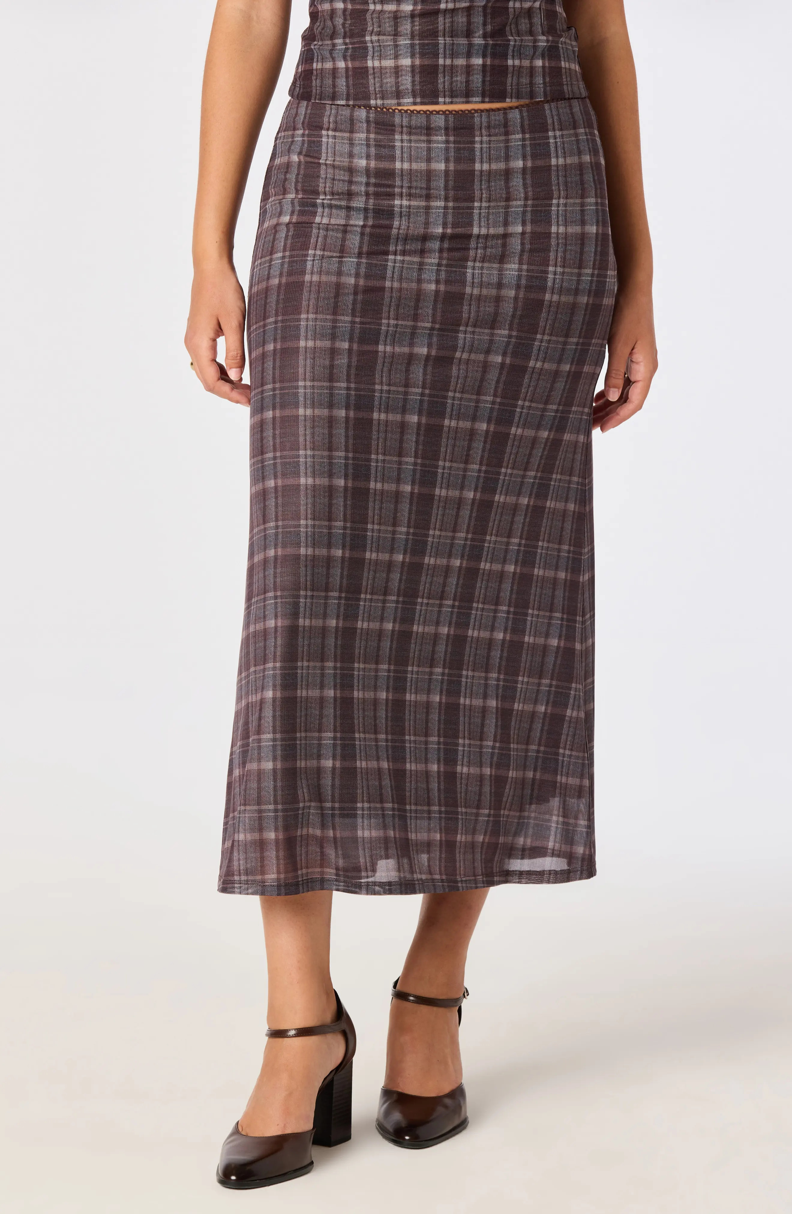 ASTR the Label Baila Plaid Mesh Midi Skirt in Brown Blue Plaid at Nordstrom, Size Small | Nordstrom