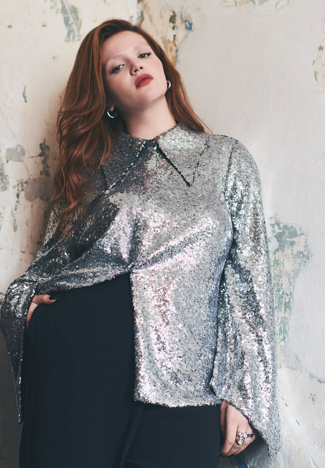 Flare Sleeve Sequin Button Down | Eloquii