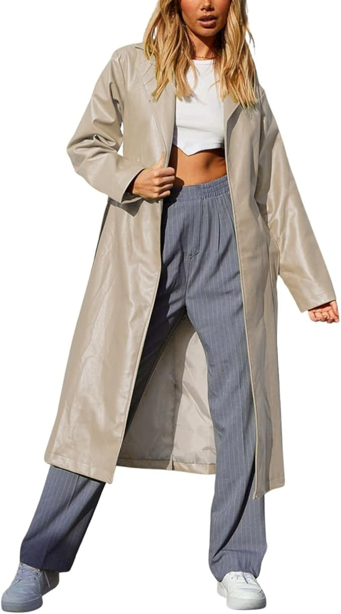 chouyatou Women's Casual Lapel Open Front Pu Faux Leather Long Trench Coat with Belt | Amazon (US)