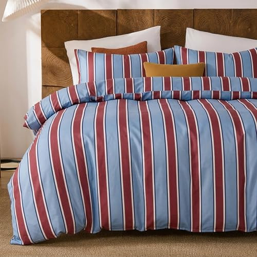 Merryword Burgundy and Blue Striped Duvet Cover Set King Size, 100% Cotton Bedding Set with Zipper Closure & 8 Corner Ties, Awning Stripe Bedding, Soft Breathable Comforter Cover for All Seasons | Amazon (US)