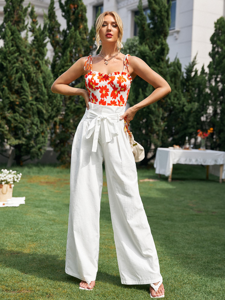 SHEIN Zipper Fly Paperbag Waist Belted Palazzo Pants | SHEIN