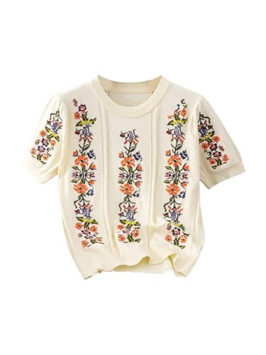 SHENHE Women's Lightweight Embroidered Sweater Floral Crew Neck Cable Knit Top Apricot Medium at ... | Amazon (US)