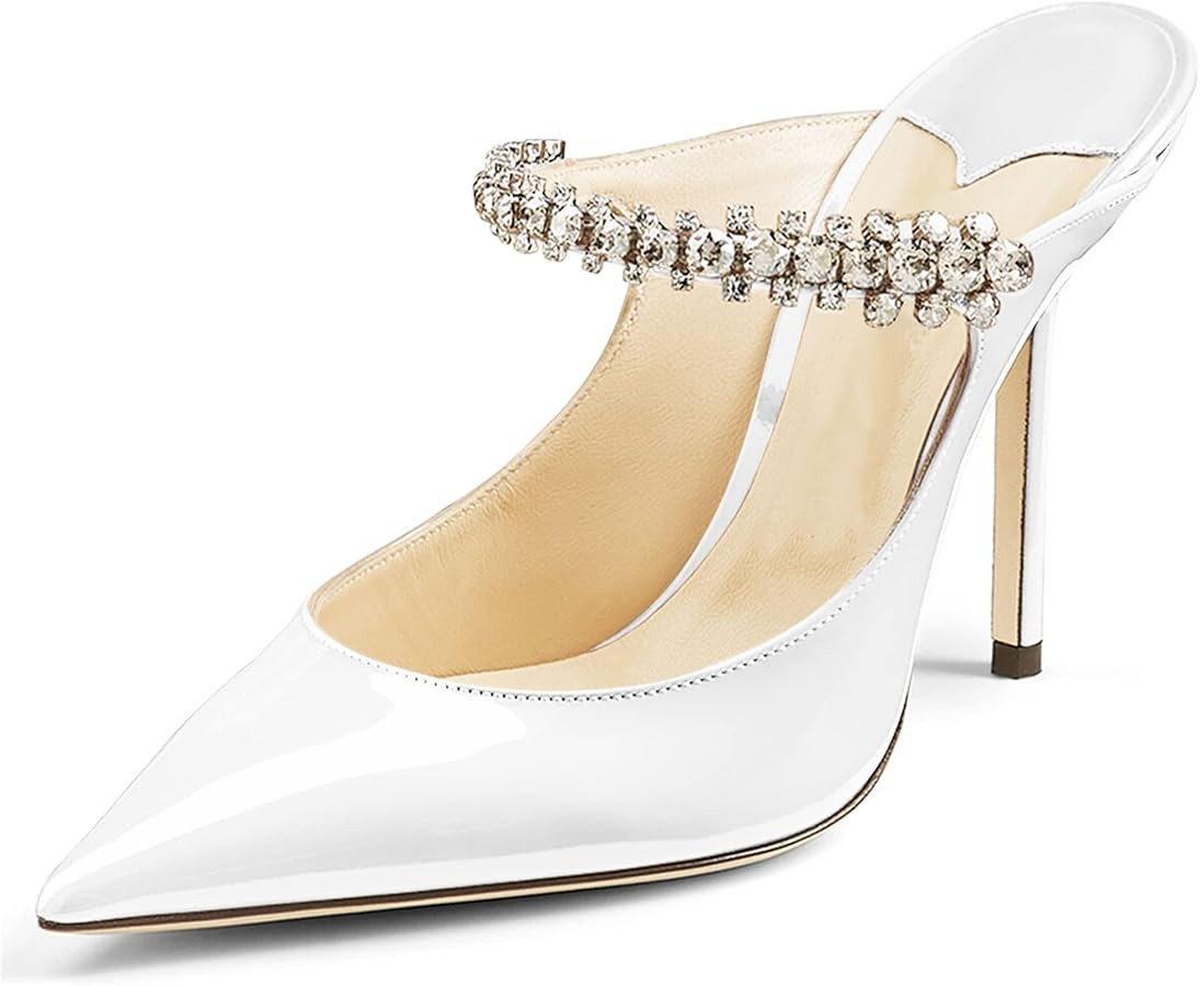 Jimishow Heeled Mules for women with Rhinestone Strap stiletto Closed Toe 4 inches Pumps Kitten H... | Amazon (US)