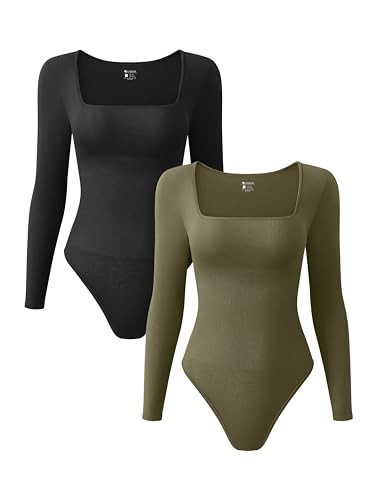 OQQ Women's 2 Piece Bodysuits Sexy Ribbed One Piece Square Neck Long Sleeve Tops Black Sauerkraut | Amazon (US)