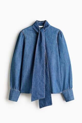 H & M - Scarf-Detail Denim Blouse - Blue | H&M (US + CA)