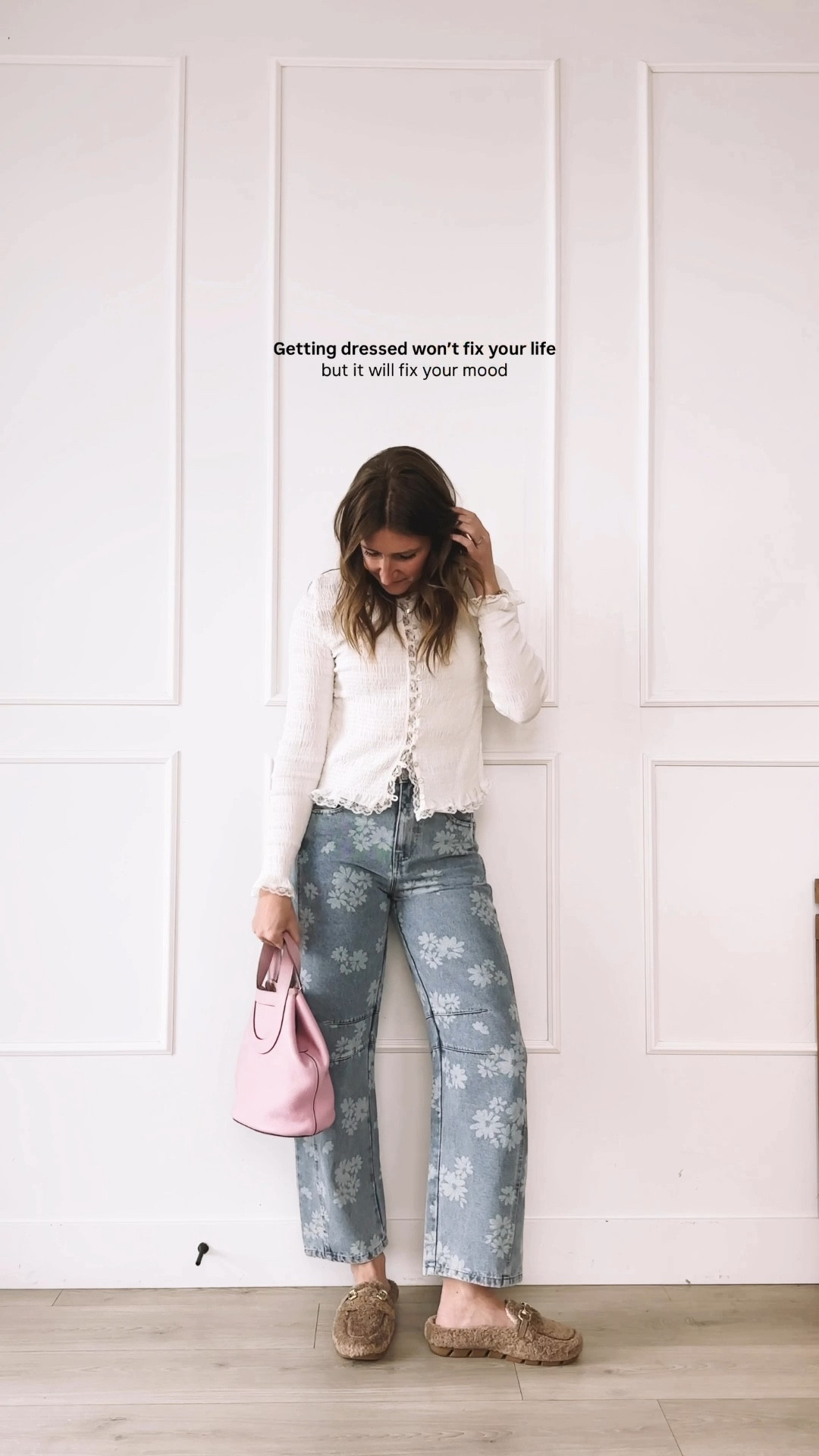 Floral jeans styled with a soft cardigan, cozy loafers, and a pink bag. An easy everyday outfit that feels feminine but still comfortable for real life.

#LTKootd #LTKmomlife #LTKgrwm