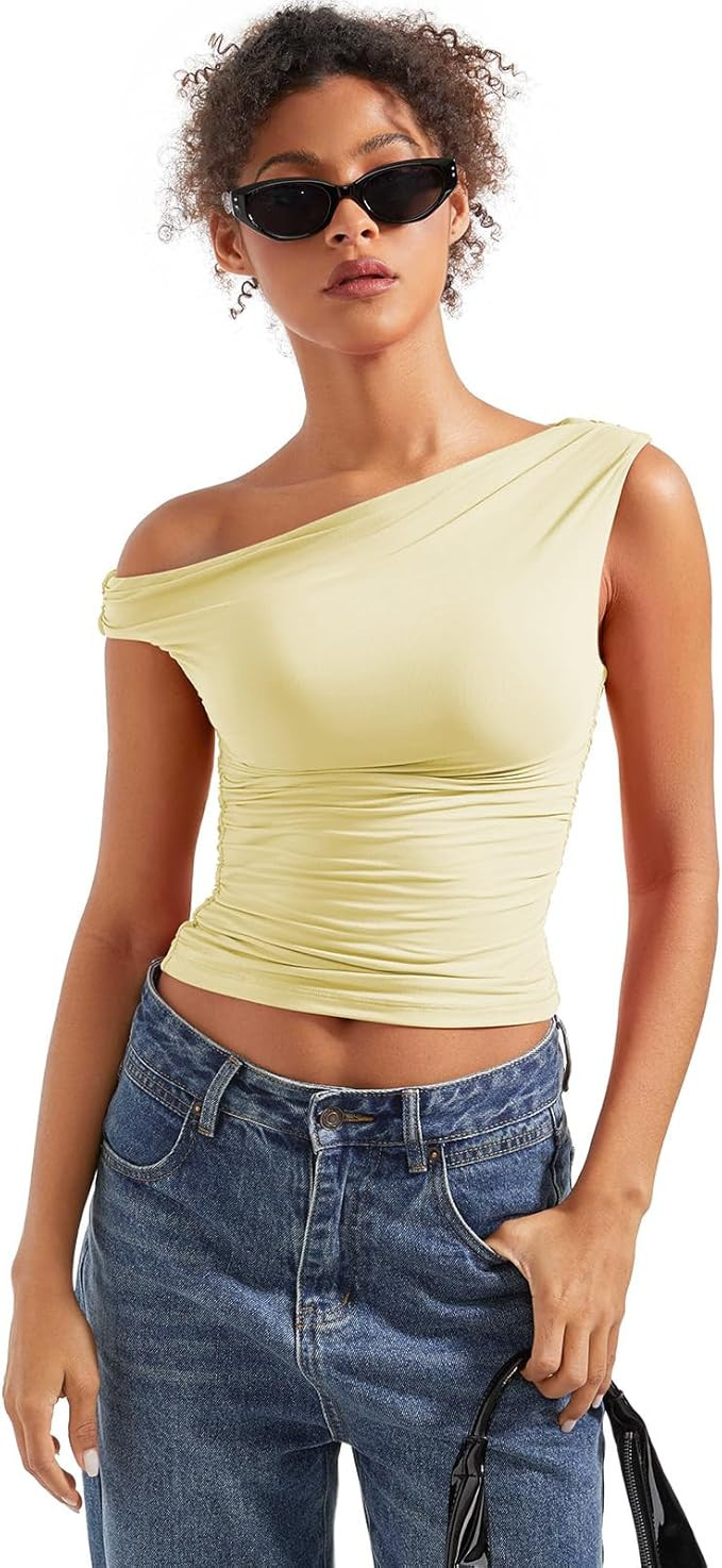 SUUKSESS Women Off Shoulder Tops Sleeveless Shirts Y2K Going Out Crop Tank Top | Amazon (US)