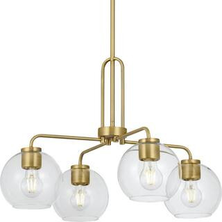 Progress Lighting Mitchella 24 in. 4-Light Vintage Brass Chandelier with Clear Glass Globe Shades... | The Home Depot