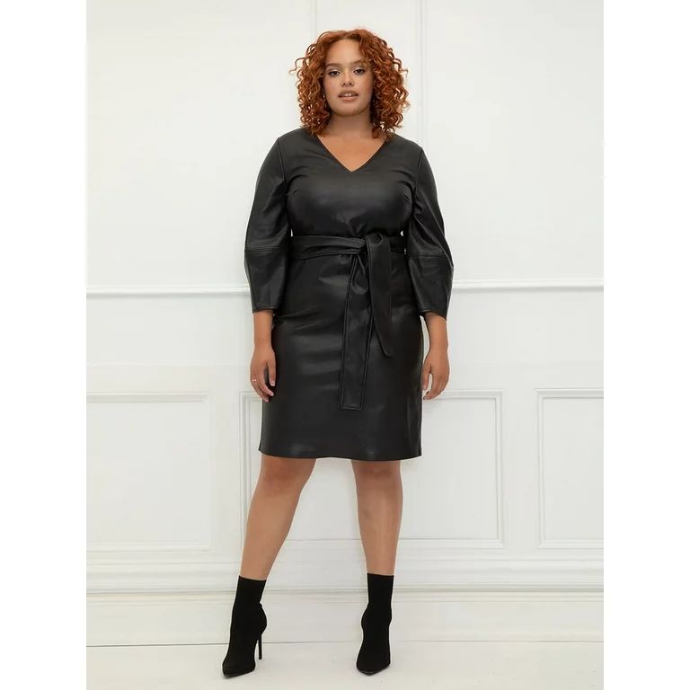 ELOQUII Elements Women's Plus Size Lantern Sleeve Faux Leather Dress | Walmart (US)