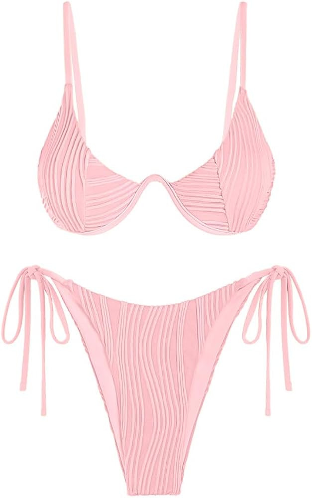 ZAFUL Women's Bikini Sets Ribbed Two Piece Swimsuits Underwire Adjustable Back Clasp Bathing Suit... | Amazon (US)