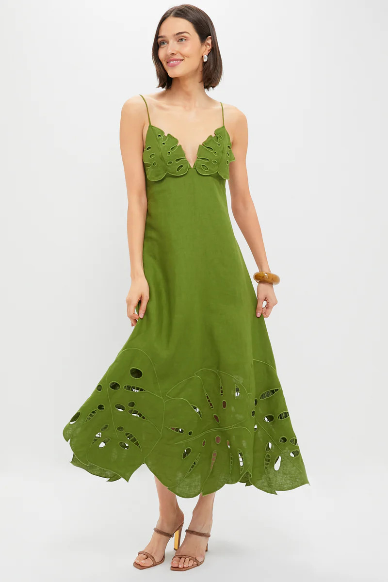 Green Monstera Embroidery Midi Dress | Tuckernuck (US)