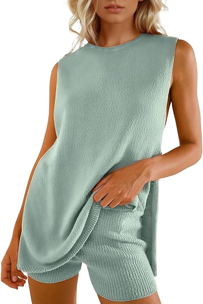 Women's Summer Sweater Set Sleeveless Tunic Top and Shorts 2 Piece Outfits Beach Vacation Sets Tr... | Amazon (US)