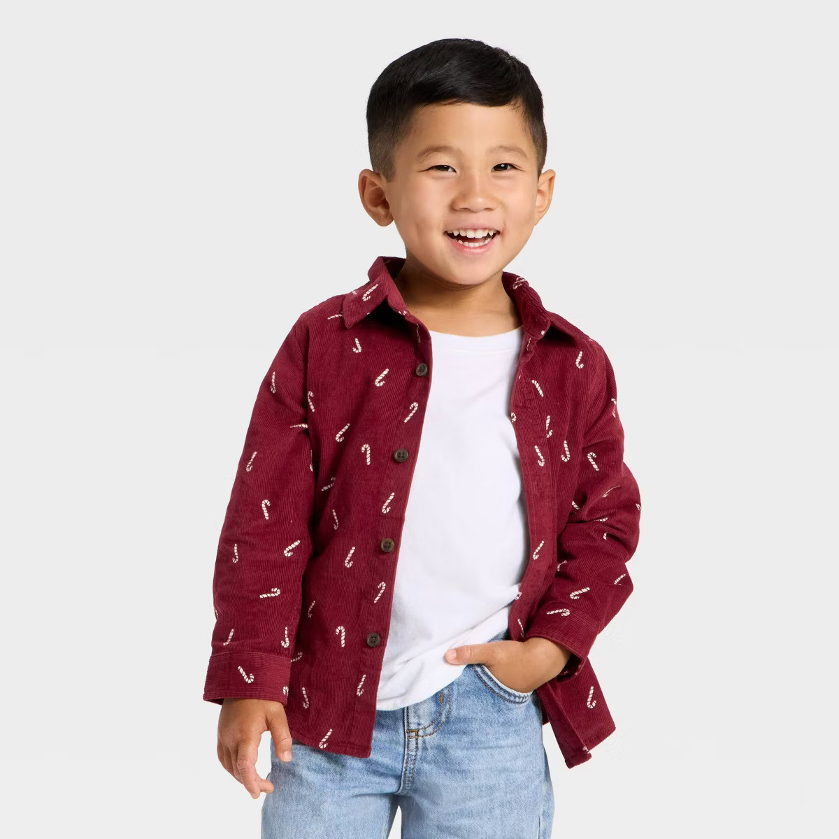 Toddler Boys' Long Sleeve Candy Cane Button-Up Shirt - Cat & Jack™ Maroon | Target