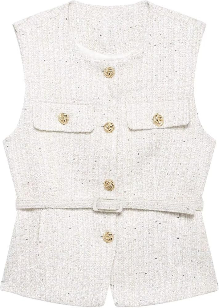 FindThy Chaleco de tweed texturizado para mujer, elegante, cuello redondo, sin mangas, con botone... | Amazon (US)