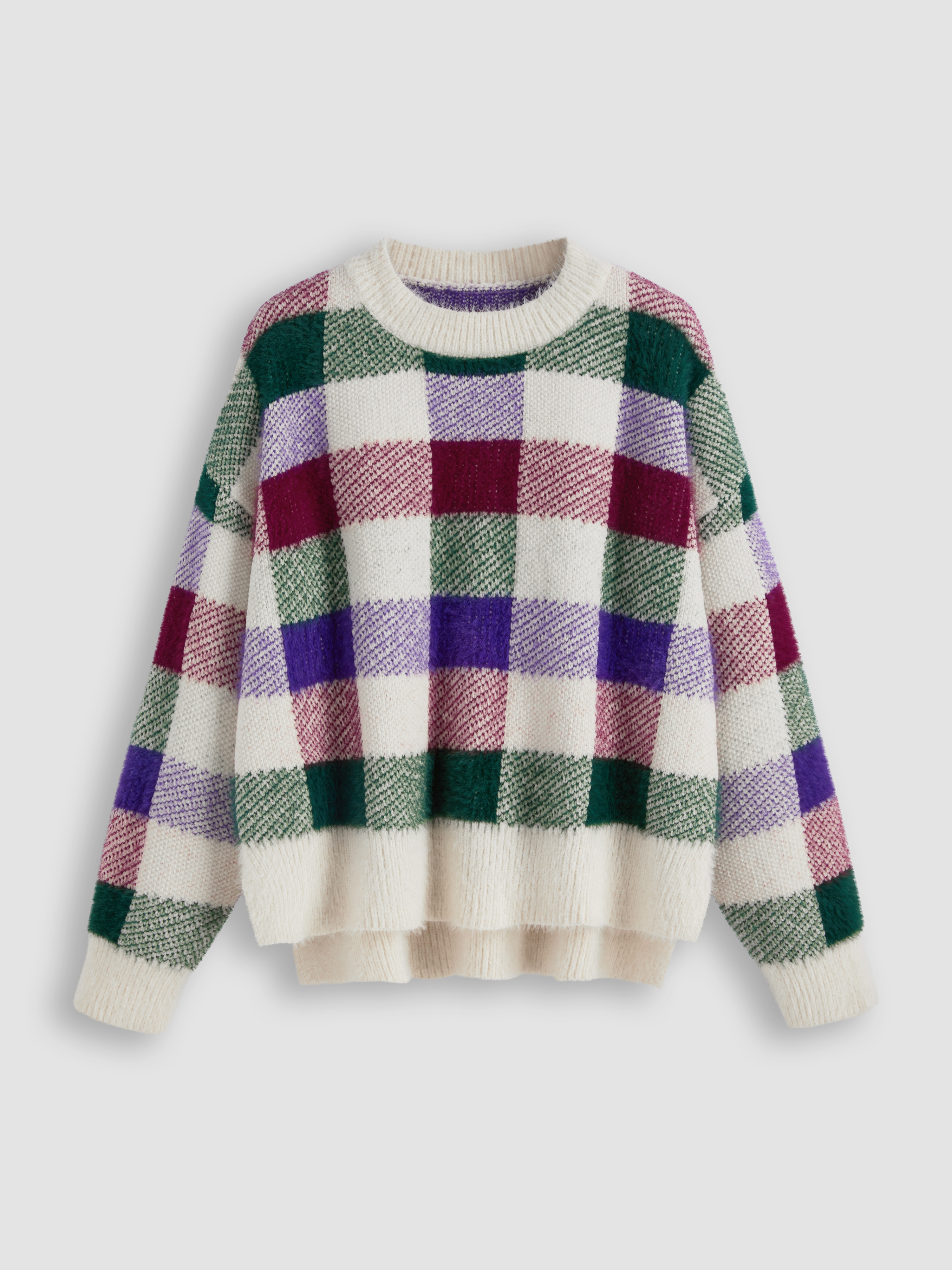 Knit Fabric Round Neck Check Knitted Long Sleeve Top For School Daily Casual | Cider