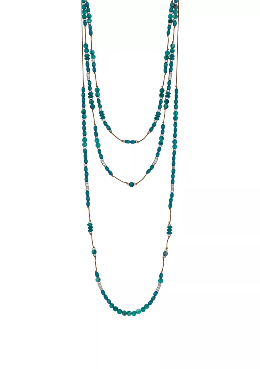 Silver Tone Layered 3 Row Teal Bead Stations on Cord Necklace | Belk