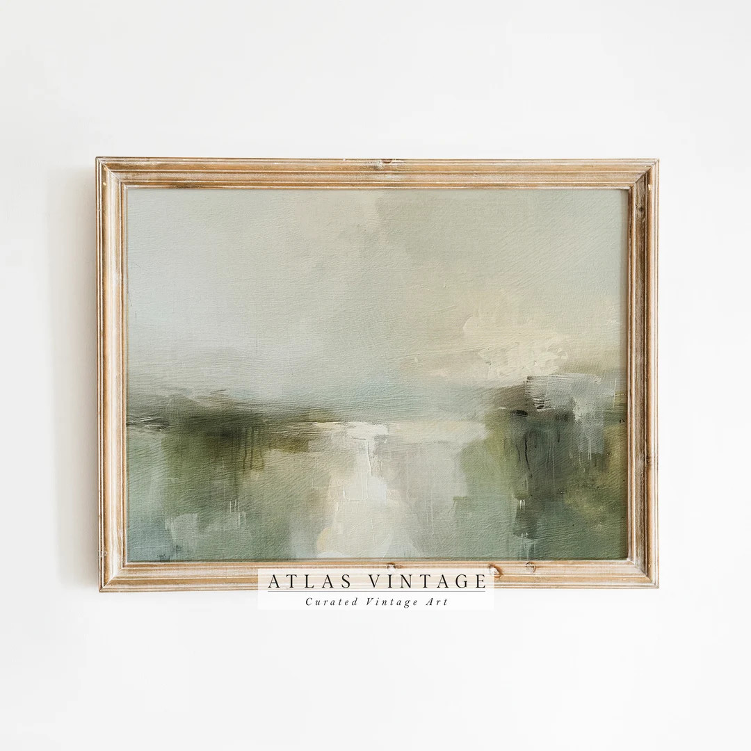Green Modern Abstract Landscape Print, Minimal Rustic Neutral Oil Painting, Moody Beige Farmhouse... | Etsy (US)